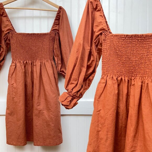 Kourt Portia Rust Smocked Mini Dress Puff Sleeve Square Neck Linen Blend Size S - Picture 1 of 11